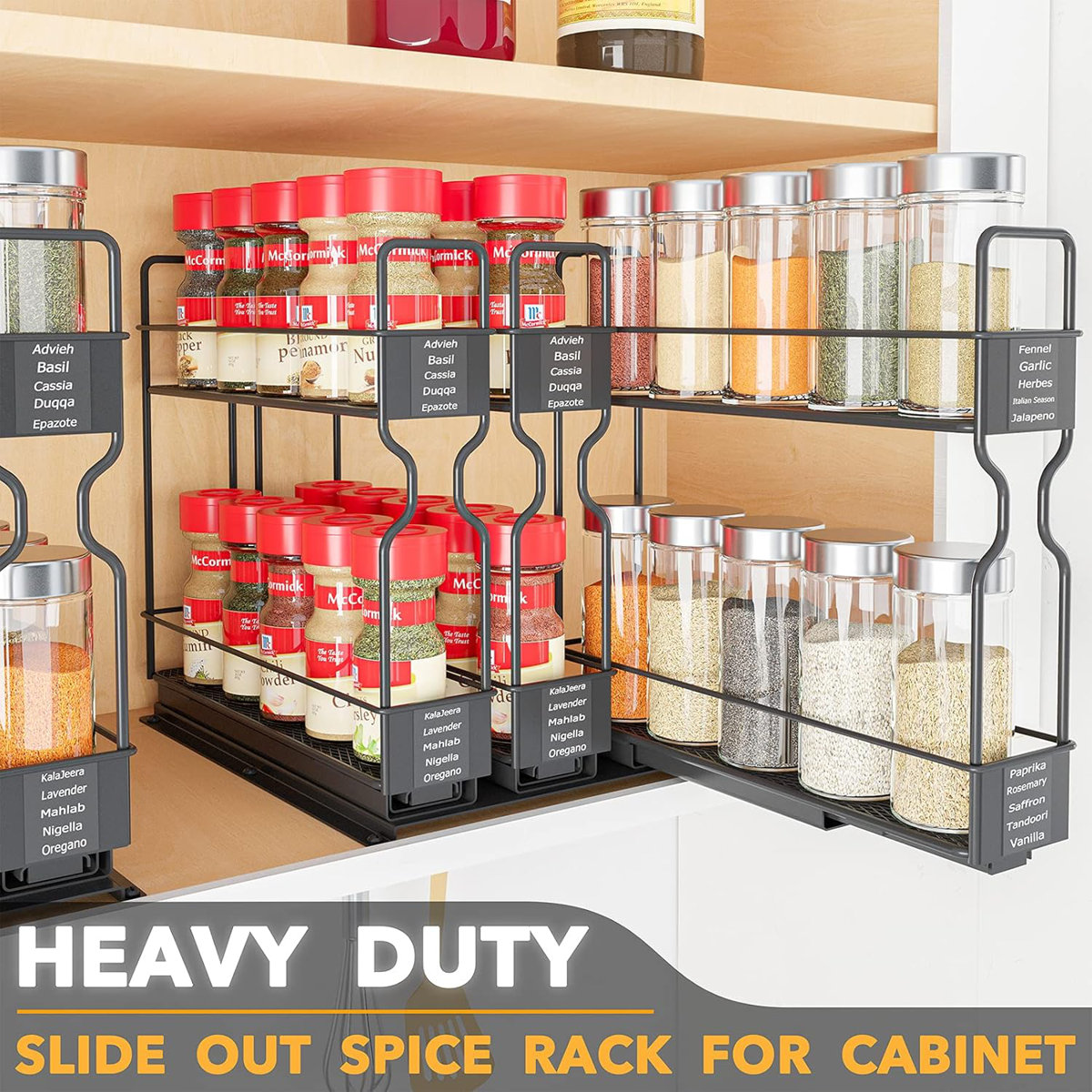 2-Tier Pull Out Spice Rack Organizer for Cabinet, Heavy Duty Slide Out Seasoning Organizer with Labels, 7.7"W x 10.75"D x 10"H, 3 Drawers